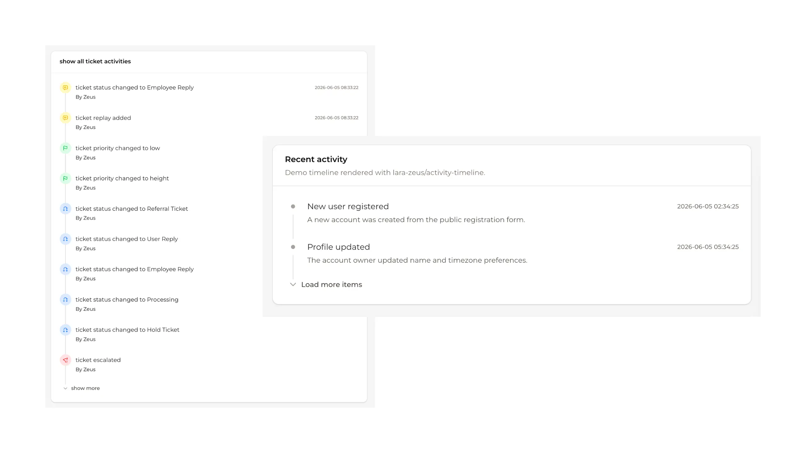 Add timelines to custom pages or infolist entries effortlessly. Plus, it teams up smoothly with Spatie Activitylog for easy tracking.